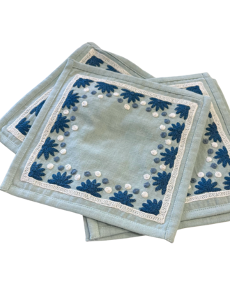 Light Blue Embroiderded Cocktail Napkin, Set of 4