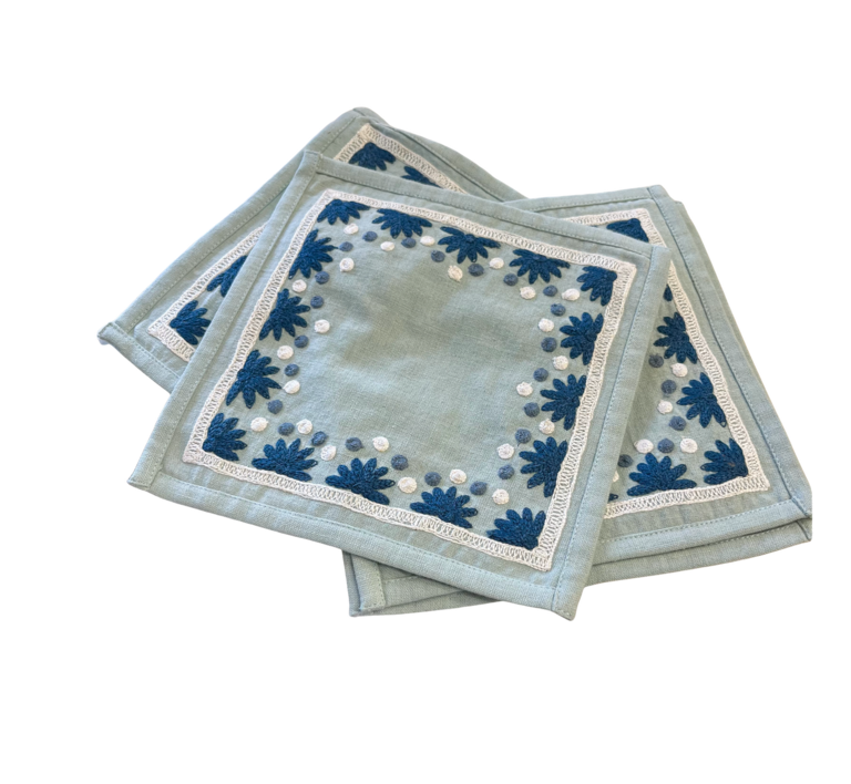 Light Blue Embroiderded Cocktail Napkin, Set of 4