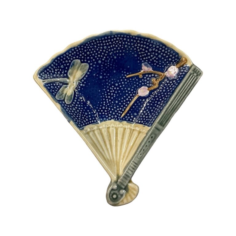 Blue  and Cream Majolica Fan Shaped Dish