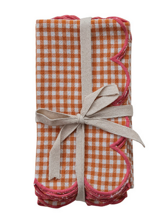 Orange Gingham Scalloped Napkins with Pink Stitched Edge, Set of 4