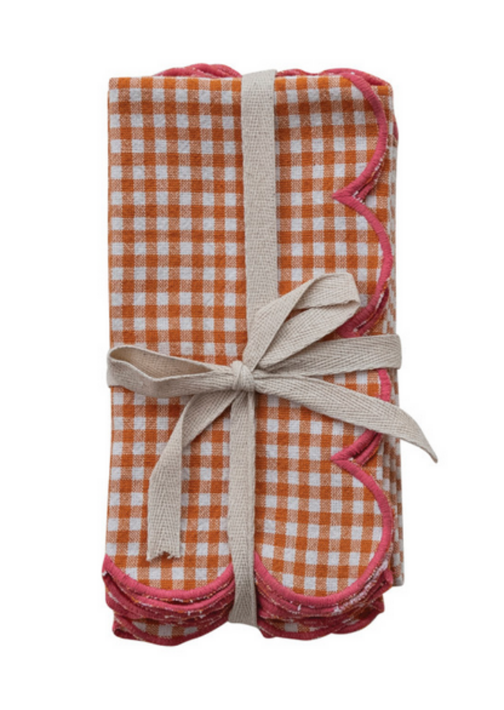 Orange Gingham Scalloped Napkins with Pink Stitched Edge, Set of 4