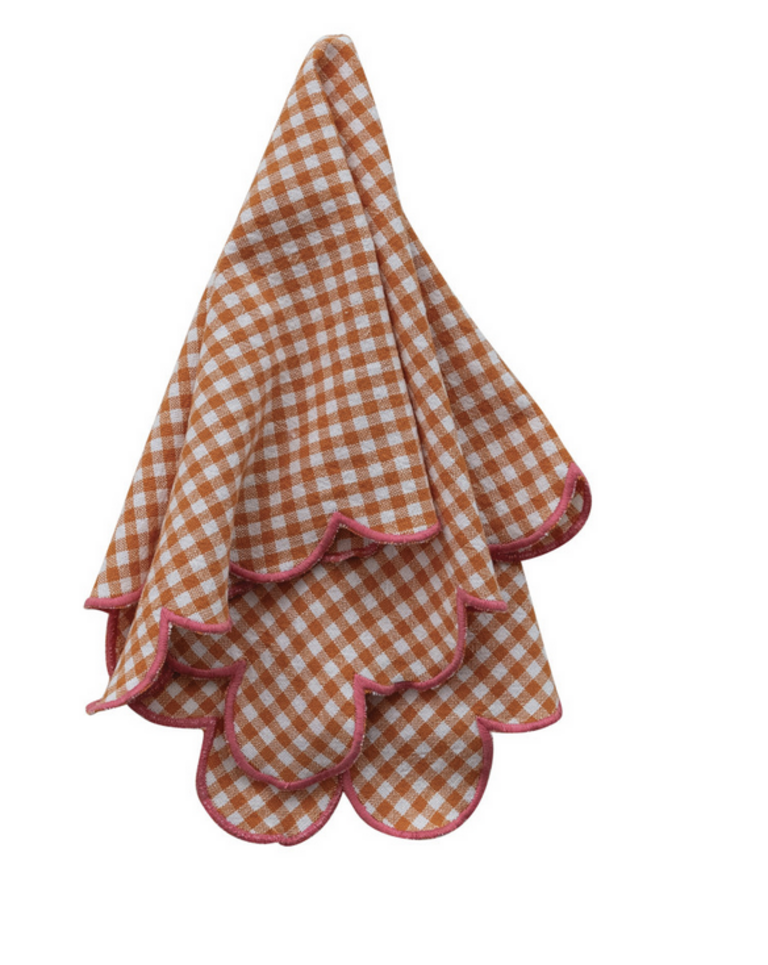 Orange Gingham Scalloped Napkins with Pink Stitched Edge, Set of 4