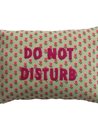 "Do Not Disturb" Green & Pink Floral Pillow, Embroidered Letters