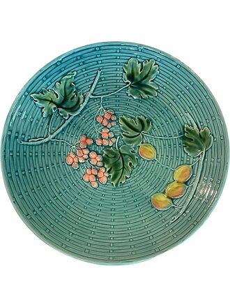 Turquoise  Basketweave Majolica Plate with Green, Pink and Yellow Leafs & Berries