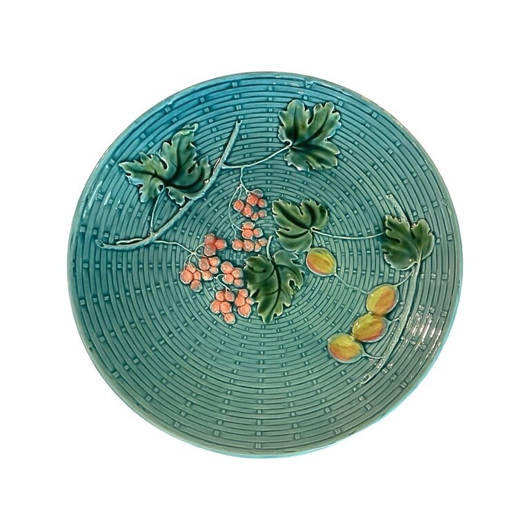 Turquoise Basketweave Majolica Plate with Green, Pink and Yellow Leafs & Berries