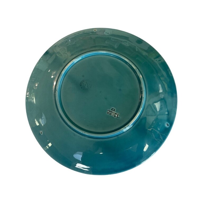 Turquoise Basketweave Majolica Plate with Green, Pink and Yellow Leafs & Berries