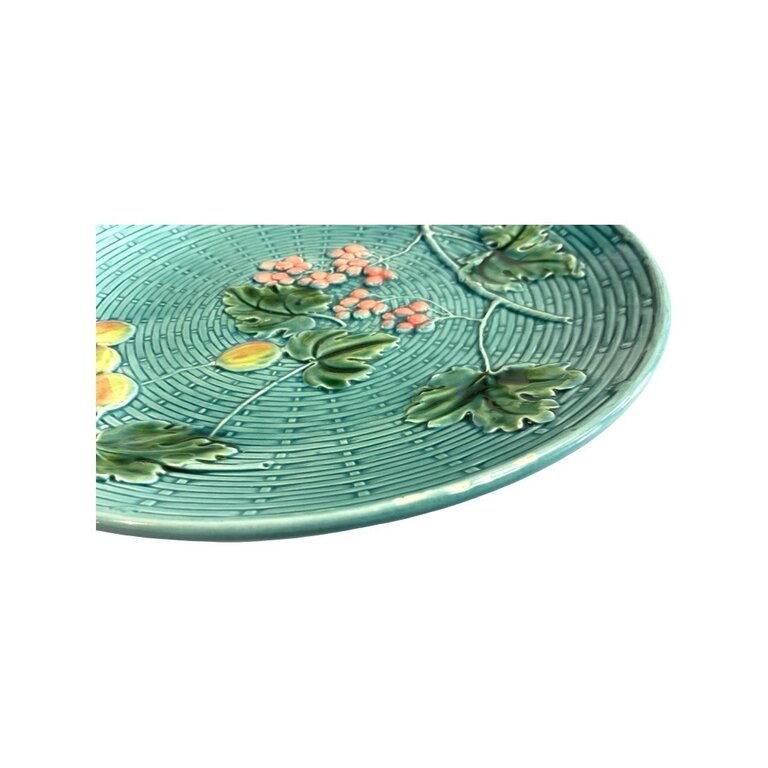 Turquoise Basketweave Majolica Plate with Green, Pink and Yellow Leafs & Berries
