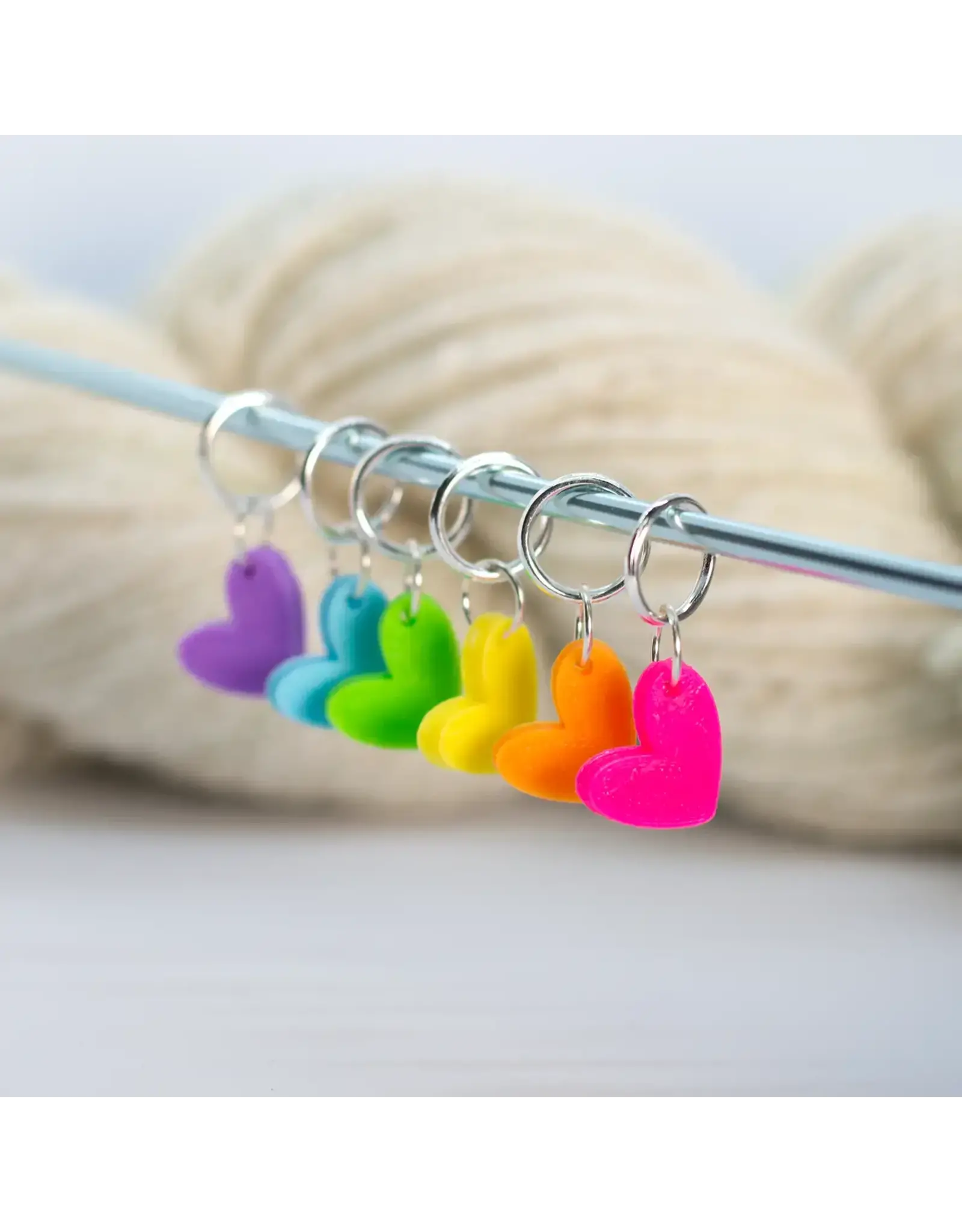 Blue Bird Makery Ring Stitch Markers - Neon Rainbow Hearts - Blue Bird Makery