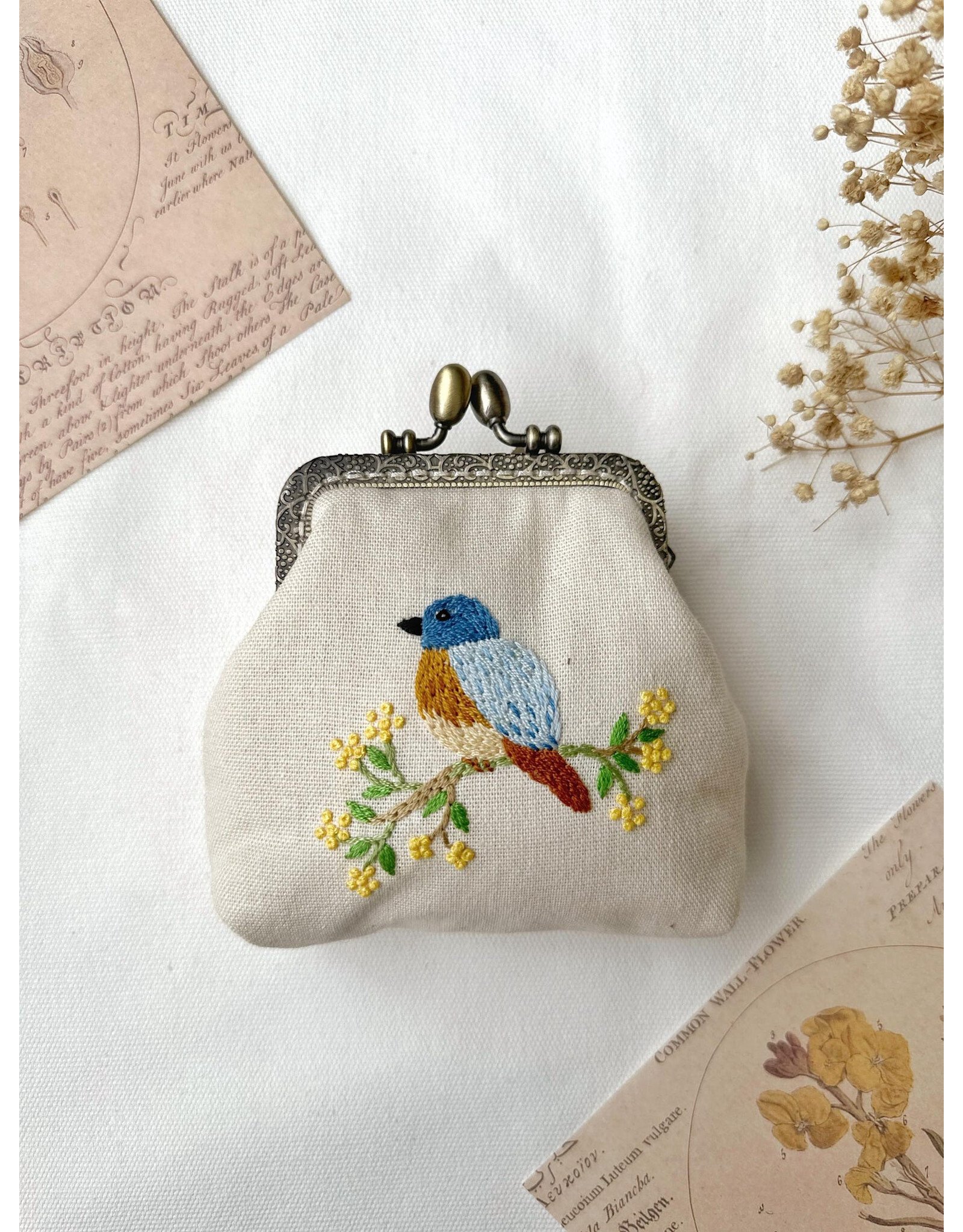 Quince Fables Bird Embroidered Navy Blue Coin Purse