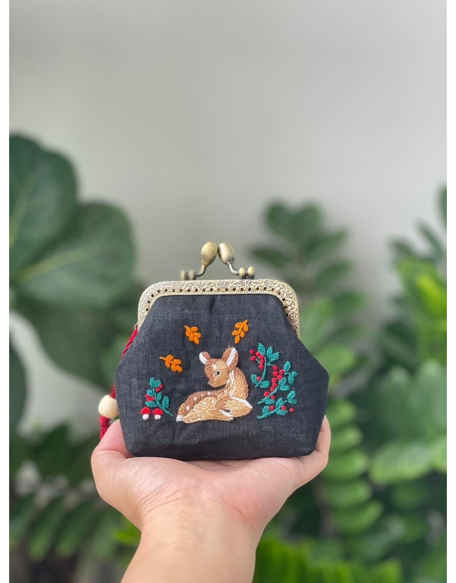 Quince Fables Deer Embroidered Navy Blue Coin Purse