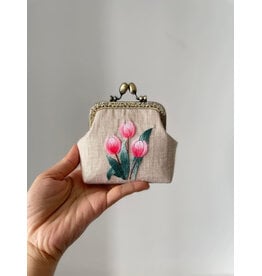 Quince Fables Tulip Embroidered Beige Coin Purse - Quince Fables