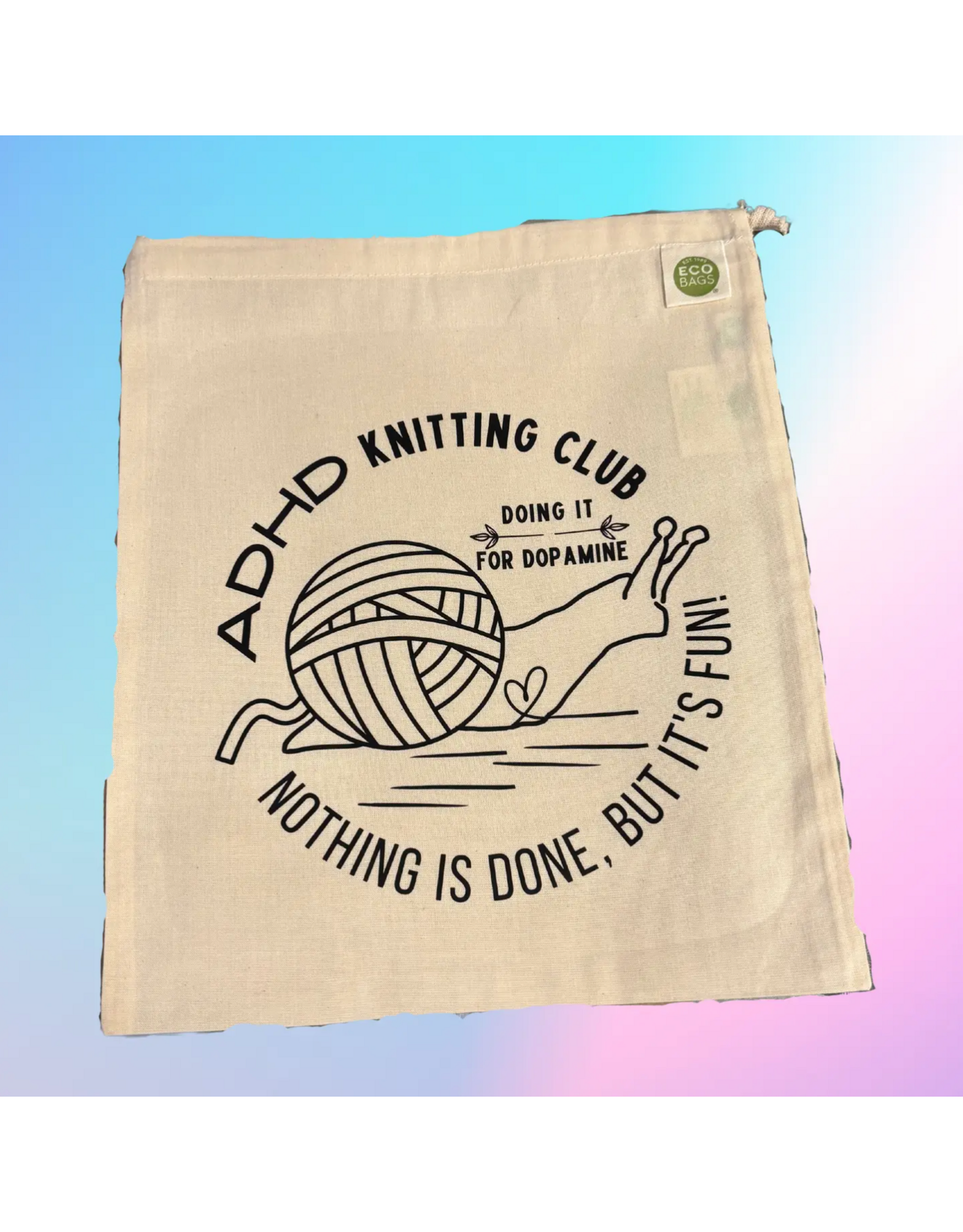 Comma Craft Co ADHD Knitting Club drawstring project bag