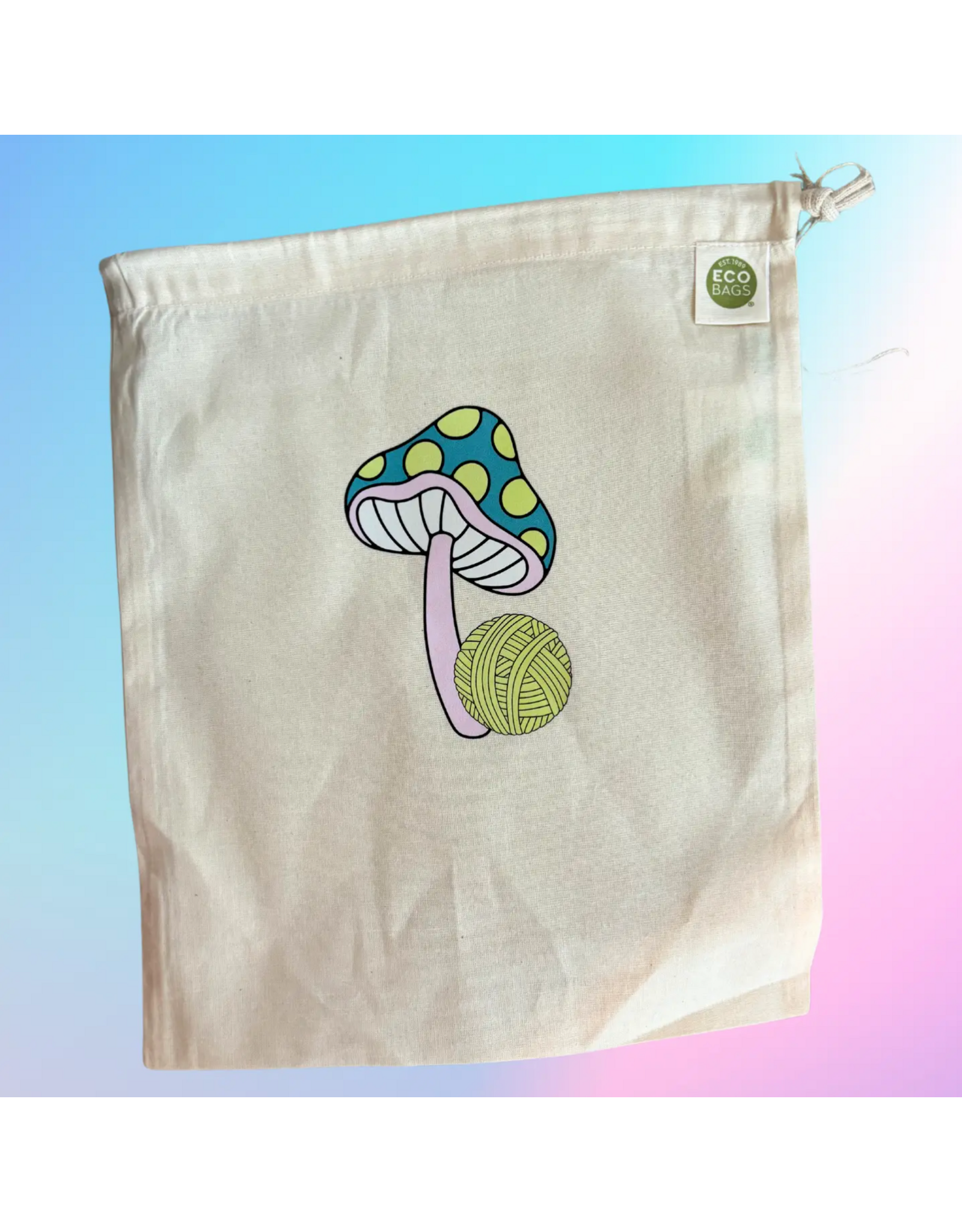 Comma Craft Co Yarn Mushroom drawstring project bag