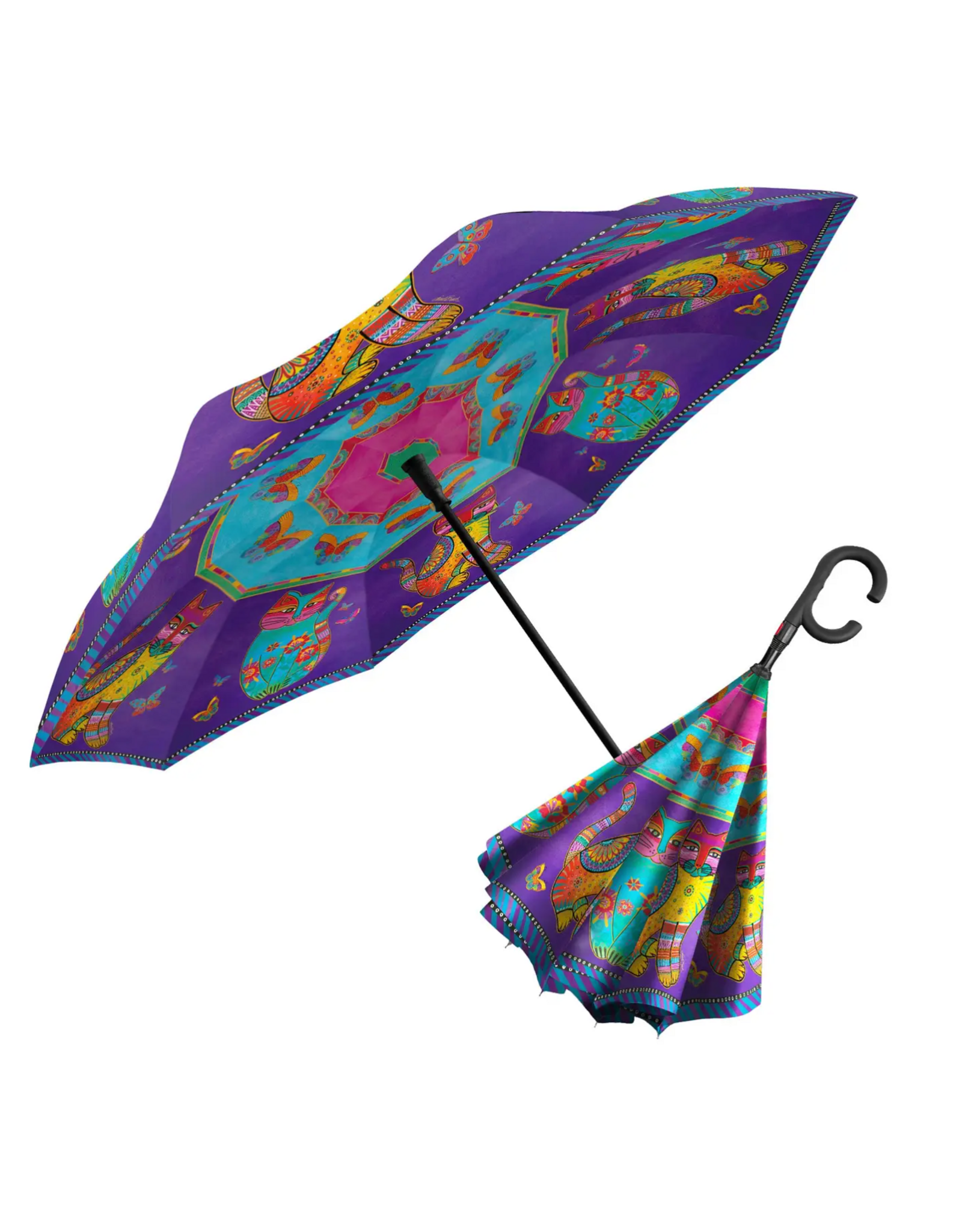 RainCaper Laurel Burch Cats & Butterflies reverse inverted umbrella – Hands-free, windproof design