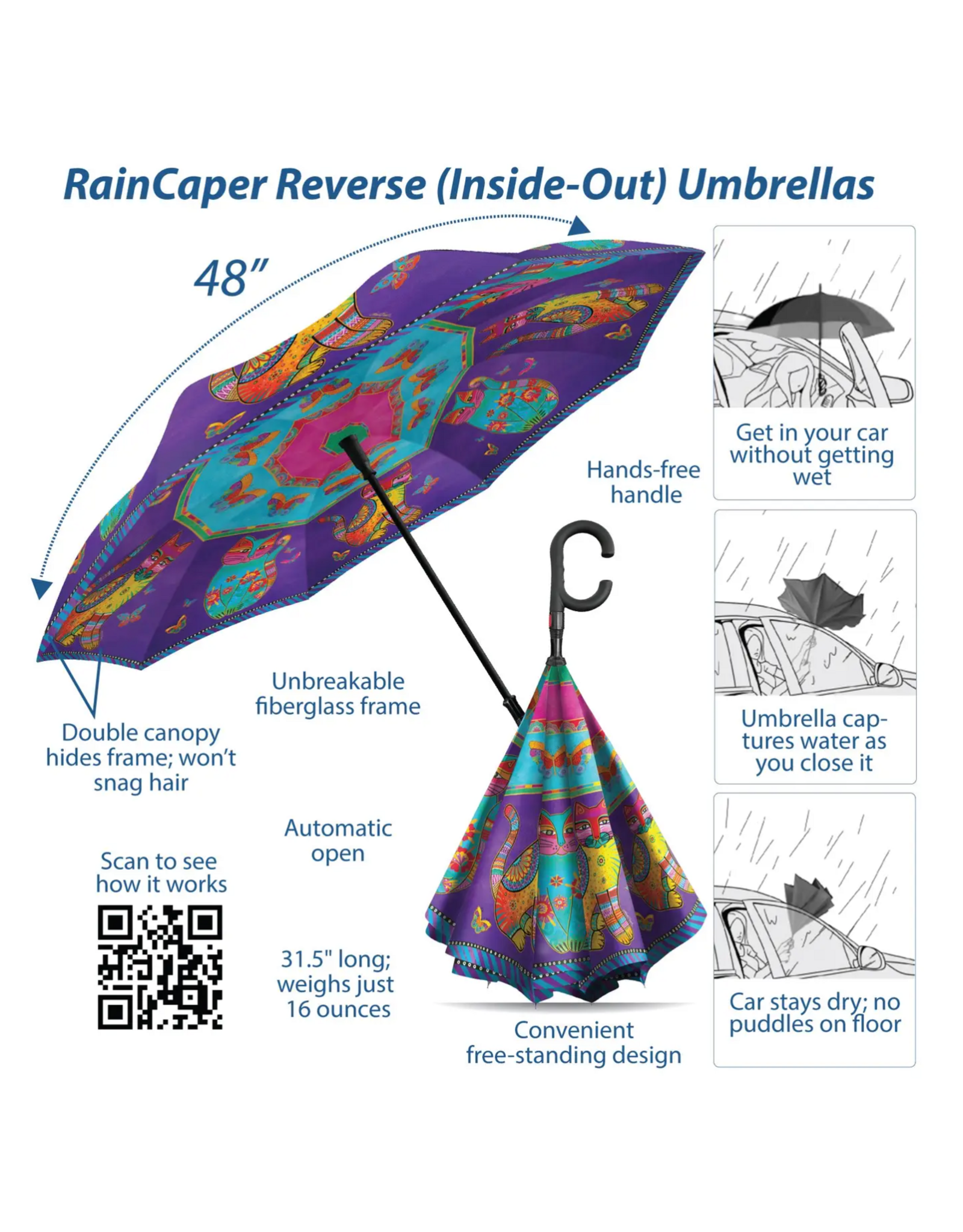 RainCaper Laurel Burch Cats & Butterflies reverse inverted umbrella – Hands-free, windproof design