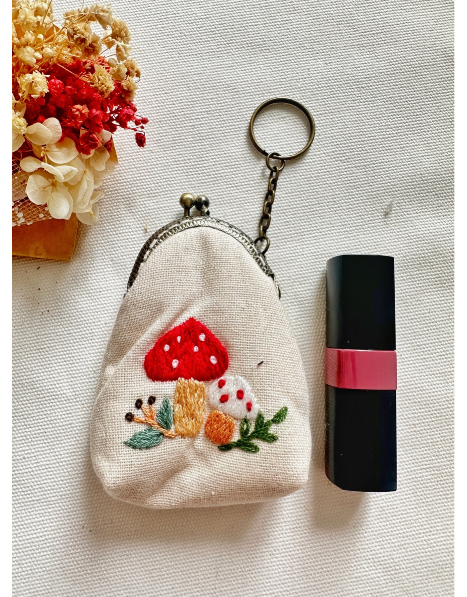Quince Fables Floral Embroidered Keychain Pouch - Mushroom Garden - Quince Fables
