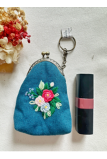 Quince Fables Floral Embroidered Keychain Pouch - Flower Bouquet 1 (Turquoise) - Quince Fables