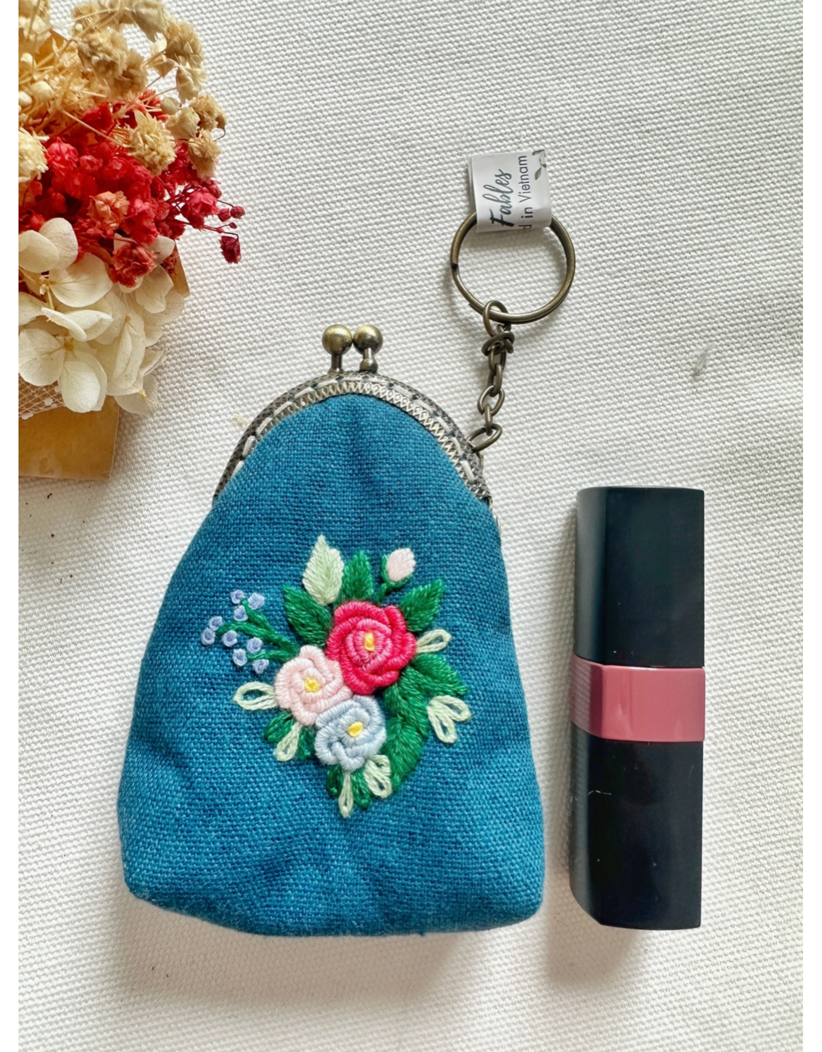 Quince Fables Floral Embroidered Keychain Pouch - Flower Bouquet 1 (Turquoise) - Quince Fables
