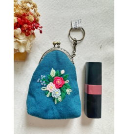 Quince Fables Floral Embroidered Keychain Pouch - Flower Bouquet 1 (Turquoise) - Quince Fables