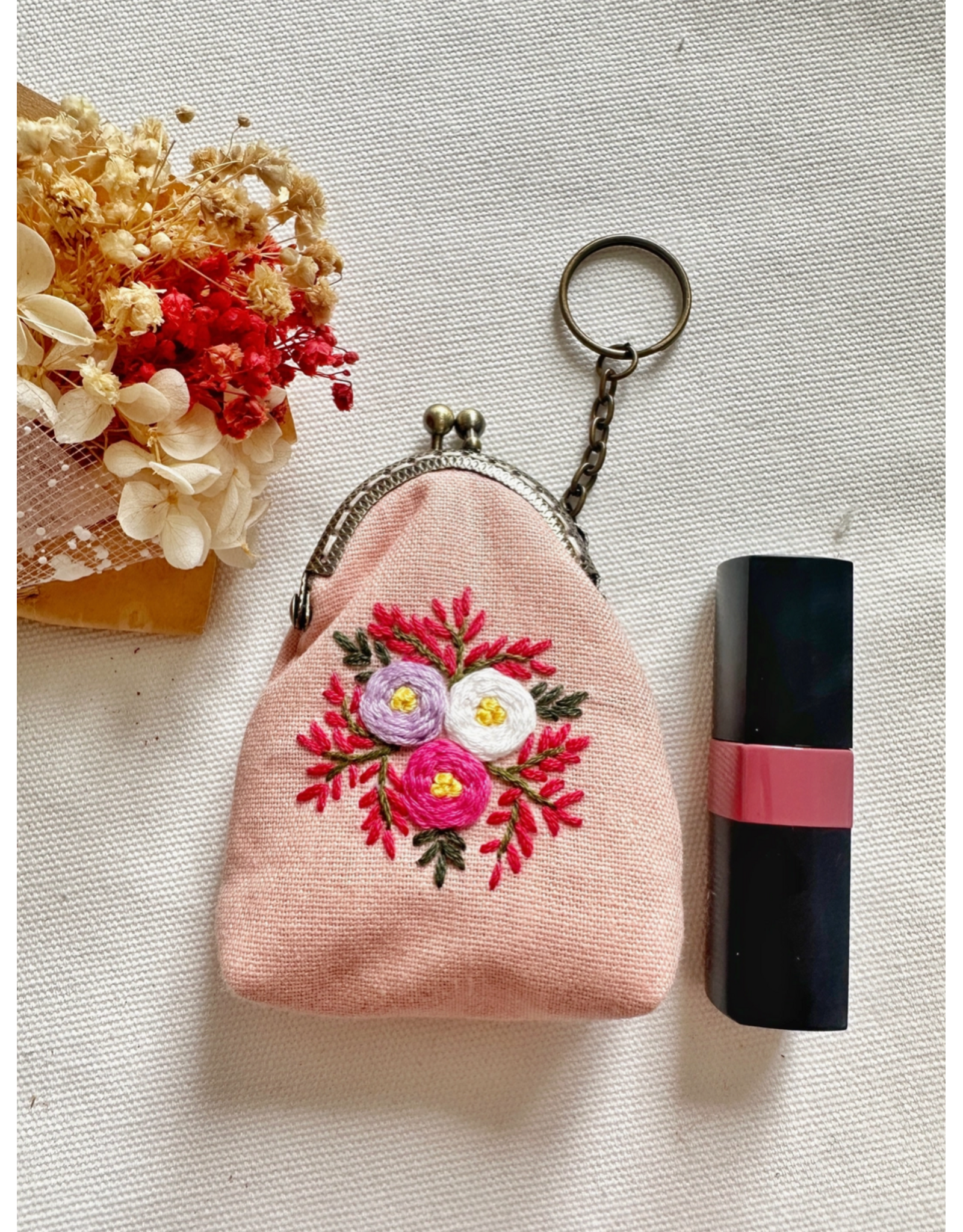 Quince Fables Floral Embroidered Keychain Pouch - Flower Bouquet 2 (Pink) - Quince Fables