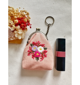 Quince Fables Floral Embroidered Keychain Pouch - Flower Bouquet 2 (Pink) - Quince Fables