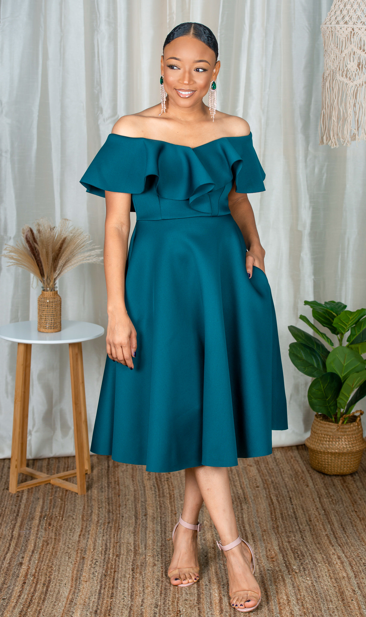 off the shoulder hunter green dress