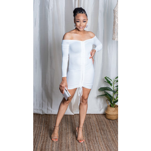 Show Up Show Out Ruched Drawstring Dress - White Show Up Show Out Ruched Drawstring Dress - White