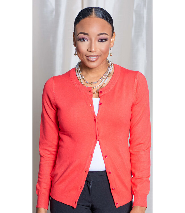 Hot Coral Round Neck Cardigan