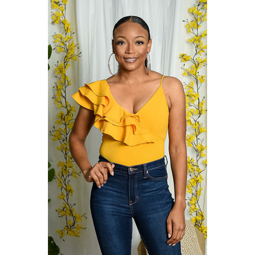 Watch Your Mouth Ruffle Bodysuit - Mustard Watch Your Mouth Ruffle Bodysuit - Mustard