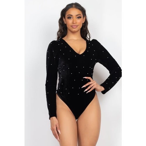 Pop Of Pearl Velvet Bodysuit - Black Pop Of Pearl Velvet Bodysuit - Black