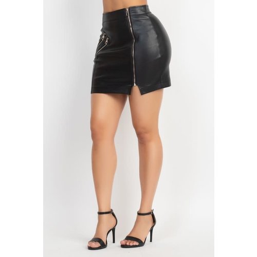 Double Time Zipped Faux Leather Skirt - Black