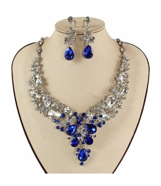 Crystal Cascade Necklace Set - Silver/Royal Blue