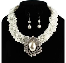 Pearl Cascade Necklace Set - White/Silver