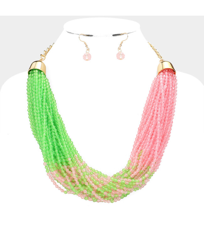 Beaded Feeling Necklace Set - Green/Pink