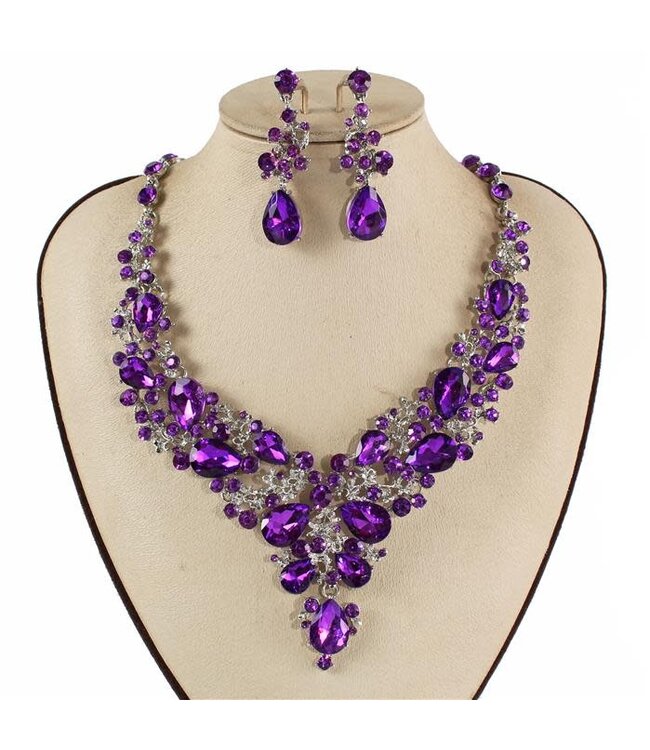 Crystal Cascade Necklace Set - Purple
