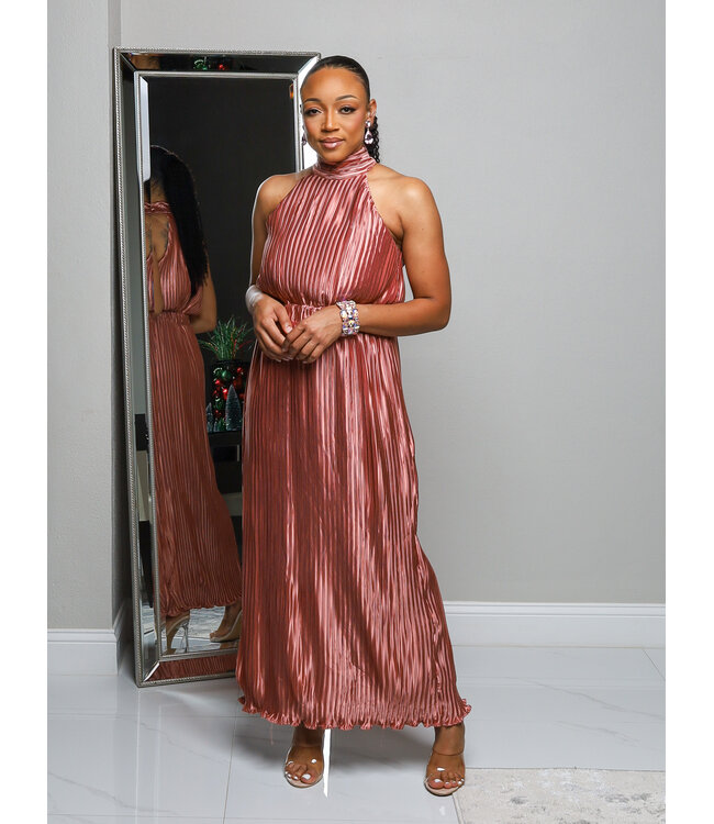 Rich Romance Pleated Midi Dress - BURNT MAUVE