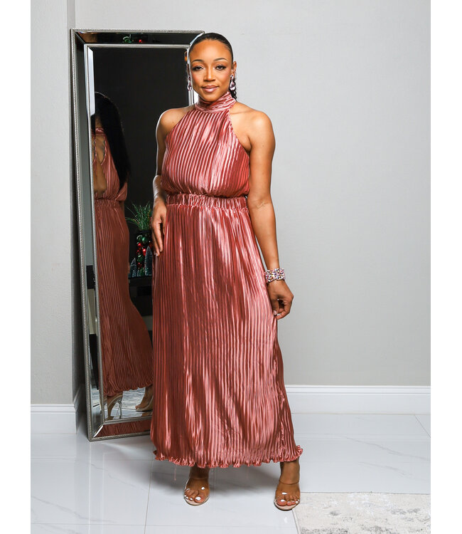 Rich Romance Pleated Midi Dress - BURNT MAUVE