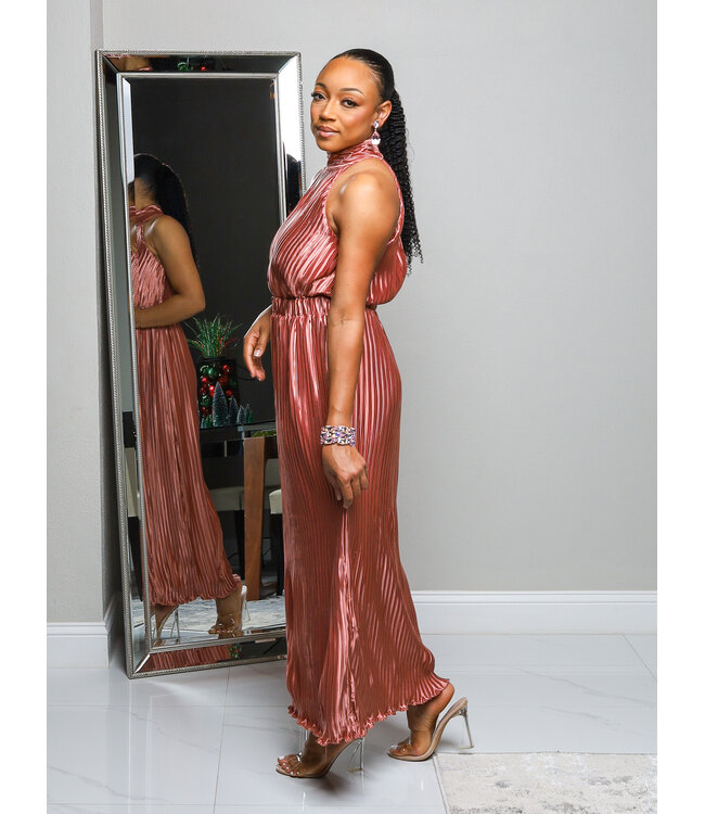 Rich Romance Pleated Midi Dress - BURNT MAUVE