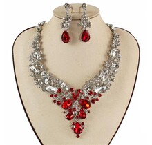 Crystal Cascade Necklace Set - Silver/Red