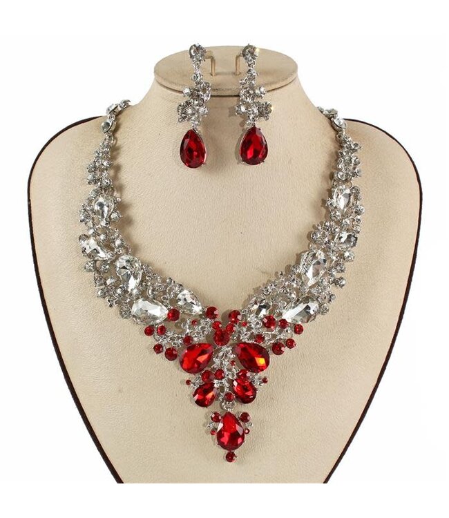 Crystal Cascade Necklace Set - Silver/Red