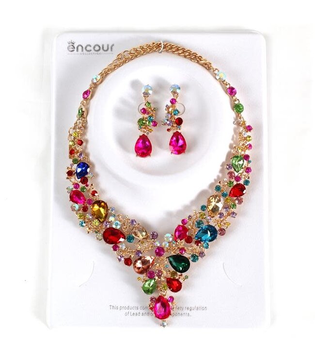 Crystal Cascade Necklace Set - Multi