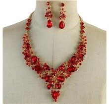 Crystal Cascade Necklace Set - Red