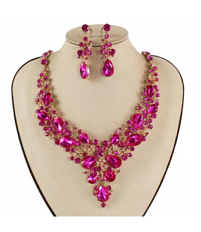 Crystal Cascade Necklace Set - Fuchsia