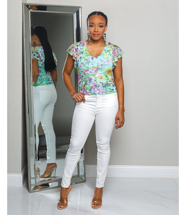 WALK IN THE GARDEN FLORAL TOP SKY BLUE