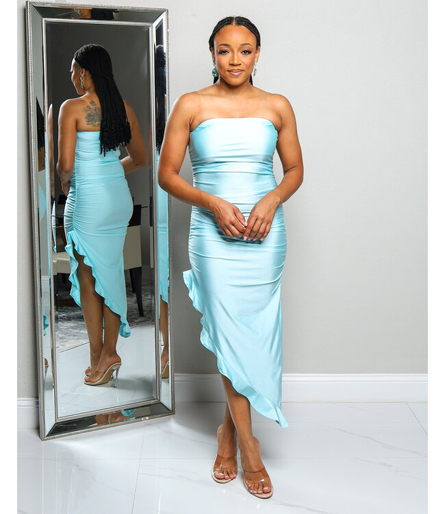 DANCING IN THE TROPICS SATIN RUFFLE DRESS