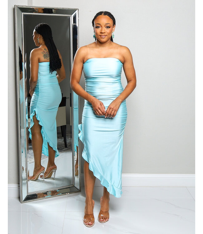 DANCING IN THE TROPICS SATIN RUFFLE DRESS