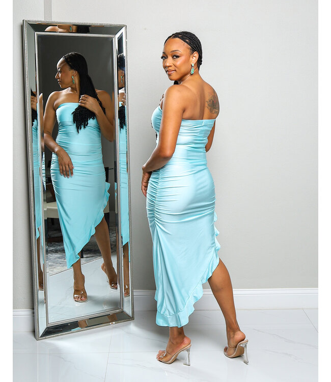 DANCING IN THE TROPICS SATIN RUFFLE DRESS