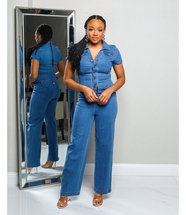 MAIN CHARACTER DENIM BELTED JUMPSUIT