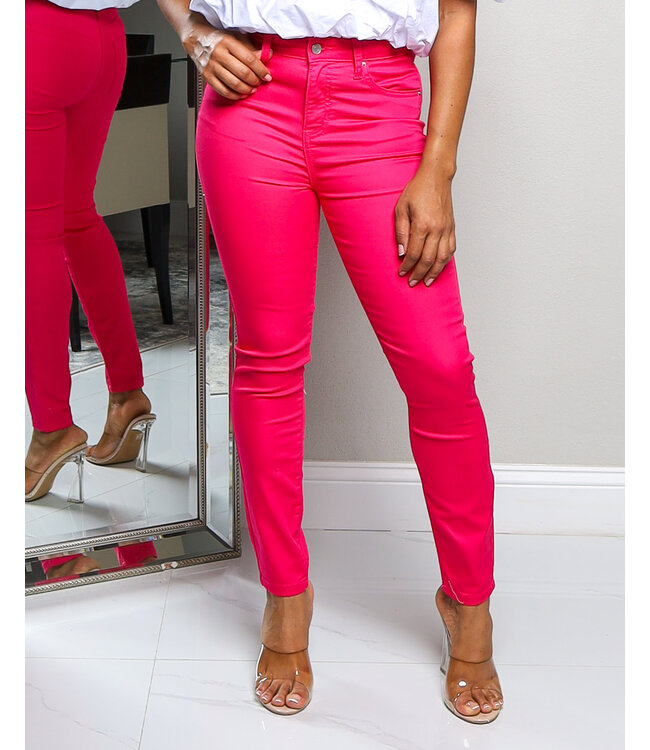 KICK IT WITH ME HIGH RISE SKINNY JEANS - FUCHSIA