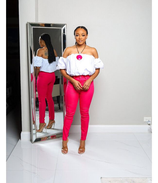 KICK IT WITH ME HIGH RISE SKINNY JEANS - FUCHSIA